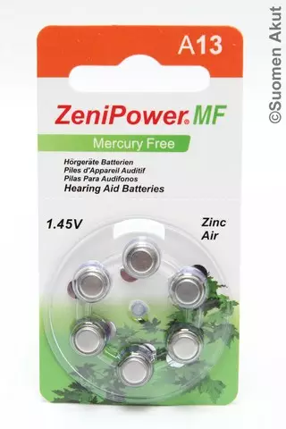 ZeniPower Kuulolaiteparisto A13MF 1,45V - Kuulolaiteparistot - 6923601285031 - 1