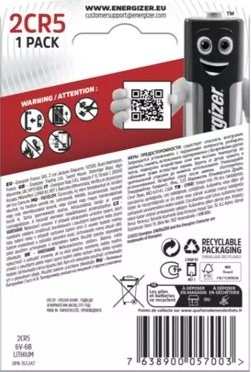 6V 2CR5 Energiser Lithium 1kpl Blisteris - 6V Lithiumparistot - 7638900057003 - 2