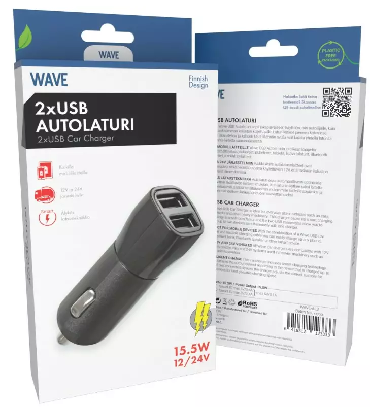 Wave Autolaturi, 2 x USB-A (15,5W),Musta - Laturi- ja virtalähdetarvikkeet - 6418312123333 - 1
