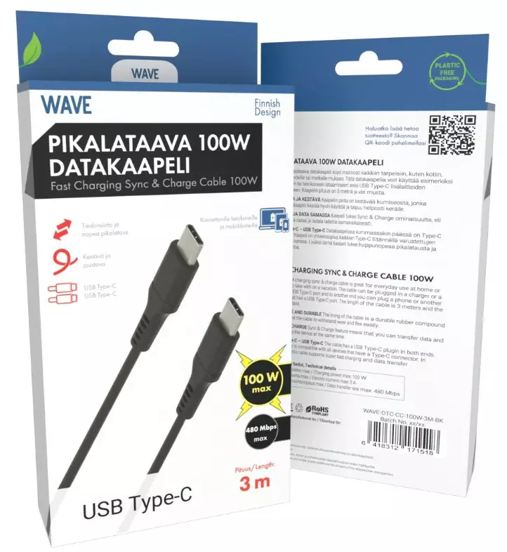 Wave 100W Datakaapeli, USB Type-C -> USB - Laturi- ja virtalähdetarvikkeet - 6418312171518 - 1